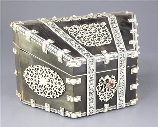 A 19th century Vizagapatam horn and engraved ivory stationery casket, width 10in. height 6.25in.